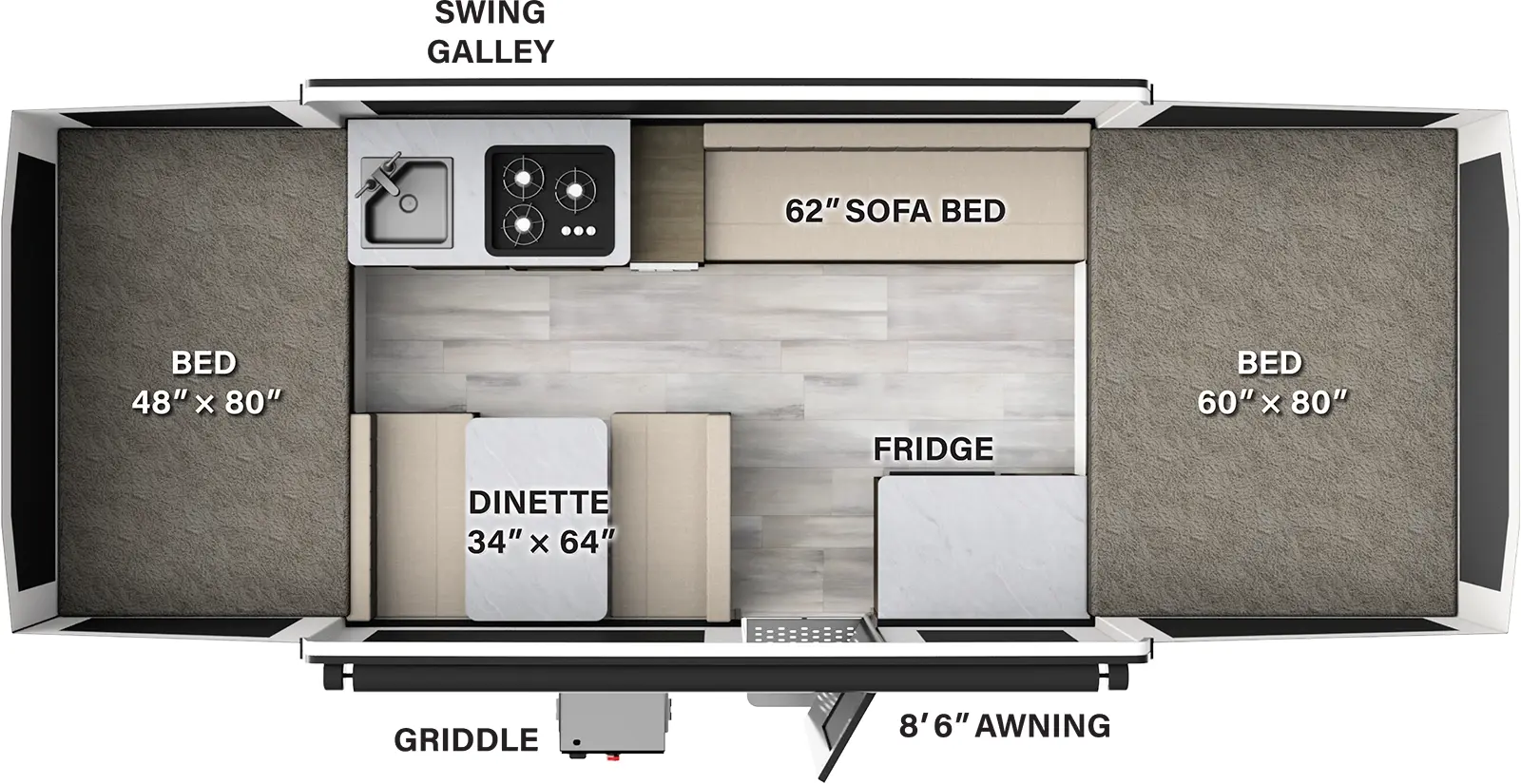 The 207SE has no slideouts and one entry door. Exterior features an 8 foot 6 inch awning and a griddle. Interior layout front to back: front tent bed; off-door side sofa bed, and swing galley with cooktop and sink; door side countertop with refrigerator, entry, and dinette; rear tent bed.